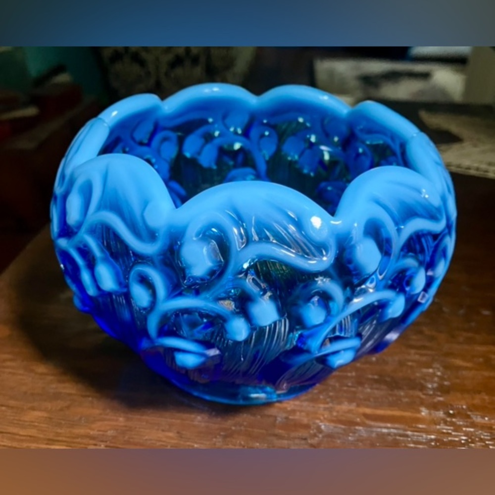 SOLD! Fenton Lily of the Valley Cobalt Blue Opalescent Art Glass Rose Bowl